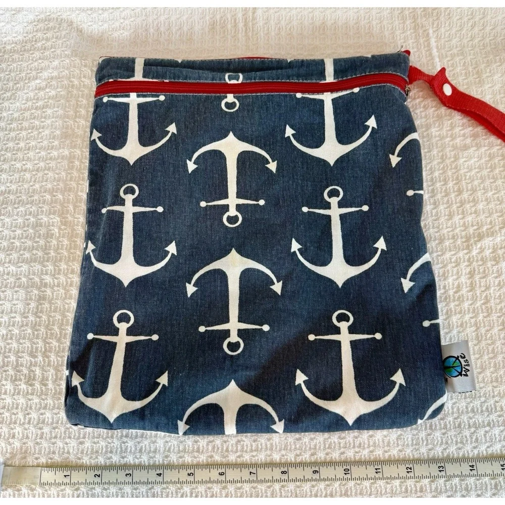 Planet Wise Diaper Wet/Dry Bag Large 2 Zipper Pockets Red/White/Blue Anchors